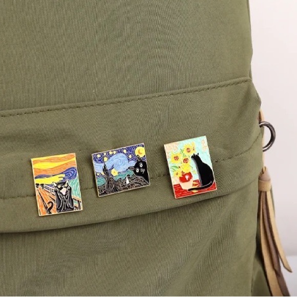 Set of 3 Artsy Black Cat Enamel Gold Metal Pins Van Gogh Artist Parody Cats Gift - Picture 7 of 12